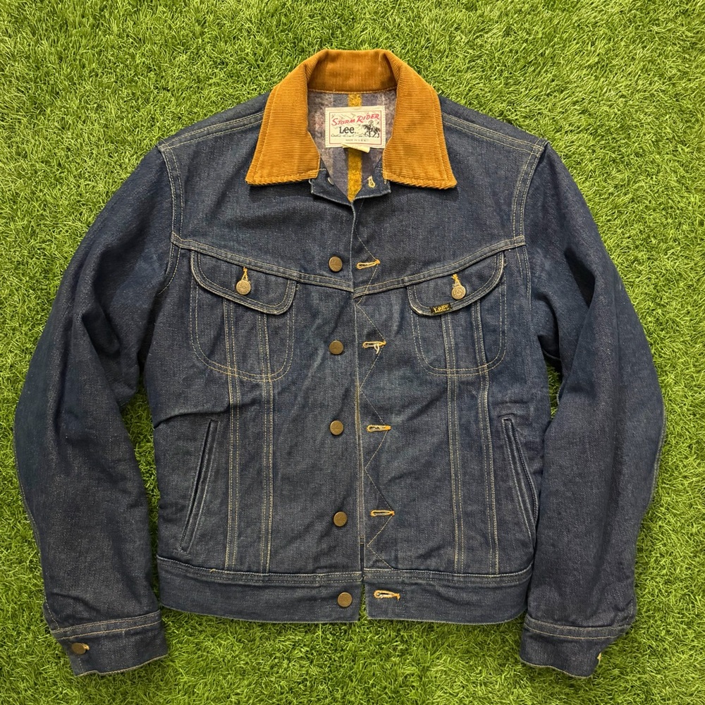 Vintage Lee Storm Rider Men's Dark Blue Denim Jacket with Corduroy Collar Sz 36R